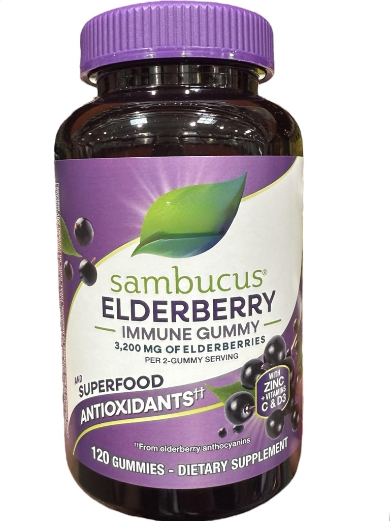 Nature's Ways_Sambucus Elderberry Immune Support Gummies with Zinc, Vitamins C and D3, Antioxidant Superfood, 3200mg, 120 Count, Ages 4+-Sold ONLY- RCB Supplies