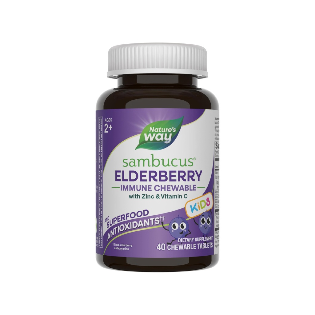 Nature's Way Sambucus Elderberry Immune Chewable for Kids, Ages 2+, Immune Support*, Vitamin C, Zinc, with Superfood Antioxidants(1), Gluten Free, 40 Chewable Tablets (Packaging May Vary)