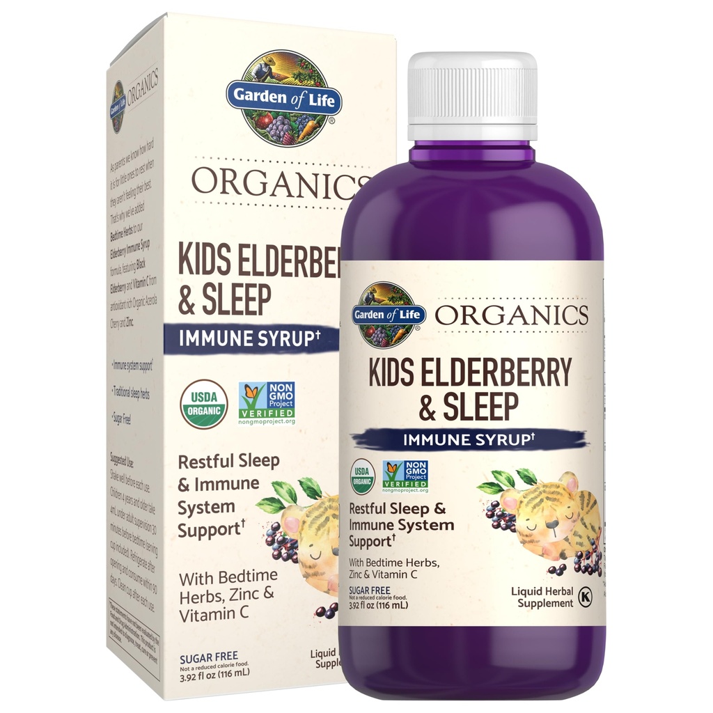 Garden of Life Organics Elderberry Immune Support for Kids with Zinc, Vitamin C - Kids Elderberry & Sleep Immune Syrup Liquid, Bedtime Herbs for Children, No Alcohol, No Added Sugar, 3.92 fl oz