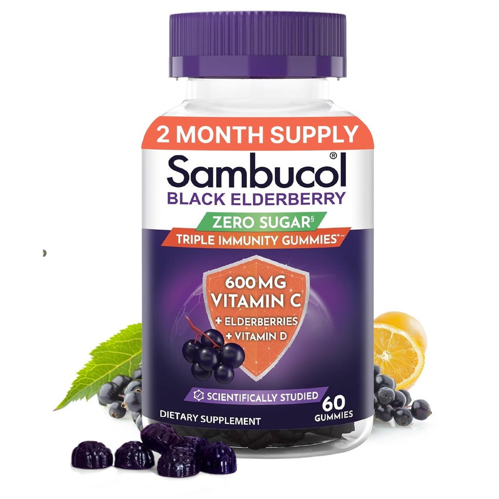 Sambucol Black Elderberry Zero Sugar Triple Immunity Gummies - Daily Vitamin C & Vitamin D, Sugar Free Black Elderberry Gummies for Adults and Kids, Chewable Berry Supplement - 60 Count