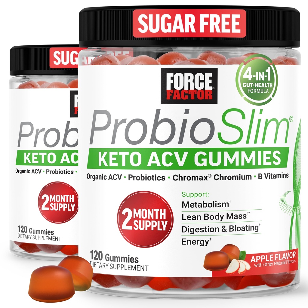 Force Factor ProbioSlim Apple Cider Vinegar Gummies, Keto ACV Gummies with LactoSpore Probiotics & Prebiotics to Support Digestion, Metabolism & Immune Health, 1 Net Carb, Organic, Apple Flavor, 240ct