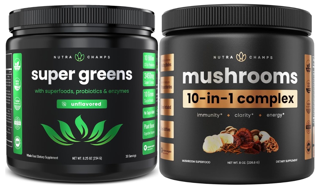 NutraChamps Super Greens Άγευστα & Super Μανιτάρια: Ultimate Brain, Gut & Body Boost