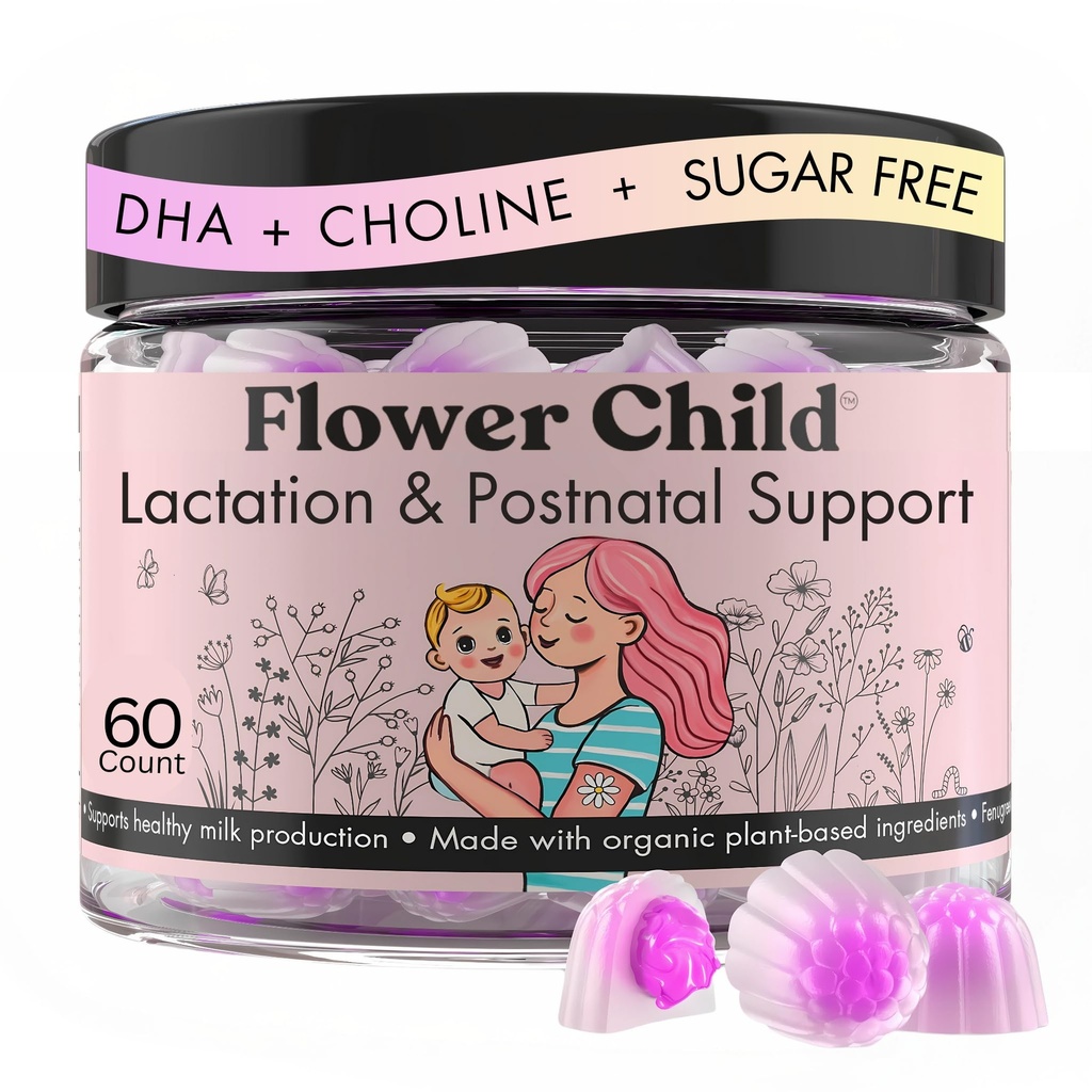 Flower Child Breastfeeding Gummies for Milk Production with Organic Moringa, Milk Thistle, Choline & DHA, Lactation Supplement Postnatal Recovery Vitamins, Fenugreek Free, Vegan, 60 Count