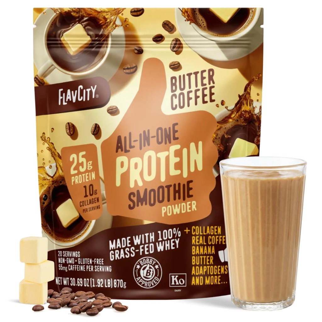 FlavCity Grass Fed Whey Protein Powder - Butter Coffee - 25g πρωτεΐνη, 10g κολλαγόνο & 87mg καφεΐνη - Κατασκευασμένο με οργανικό Reishi & Cordyceps - Χωρίς γλουτένη & Χωρίς πρόσθετα σάκχαρα (20 υπηρεσίες)