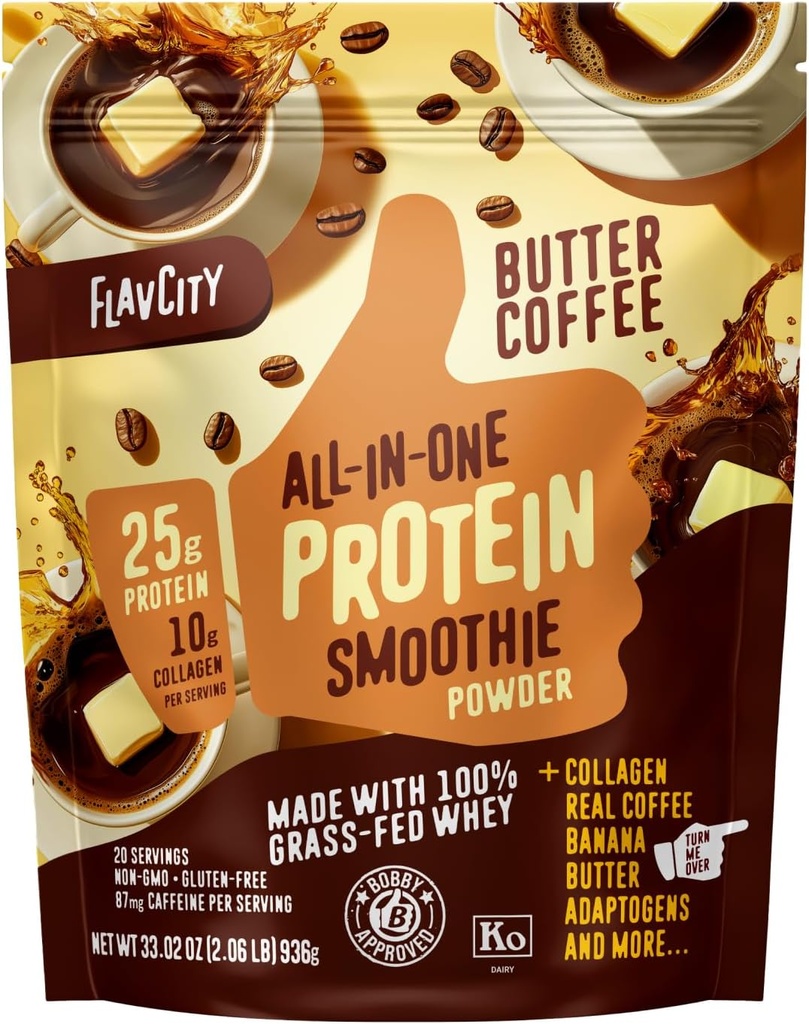 FlavCity Grass Fed Whey Protein Powder - Butter Coffee - 25g Protein, 10g Collagen & 87mg Caffeine - Made with Organic Reishi & Cordyceps - Gluten Free & No Added Sugars (20 Servings)