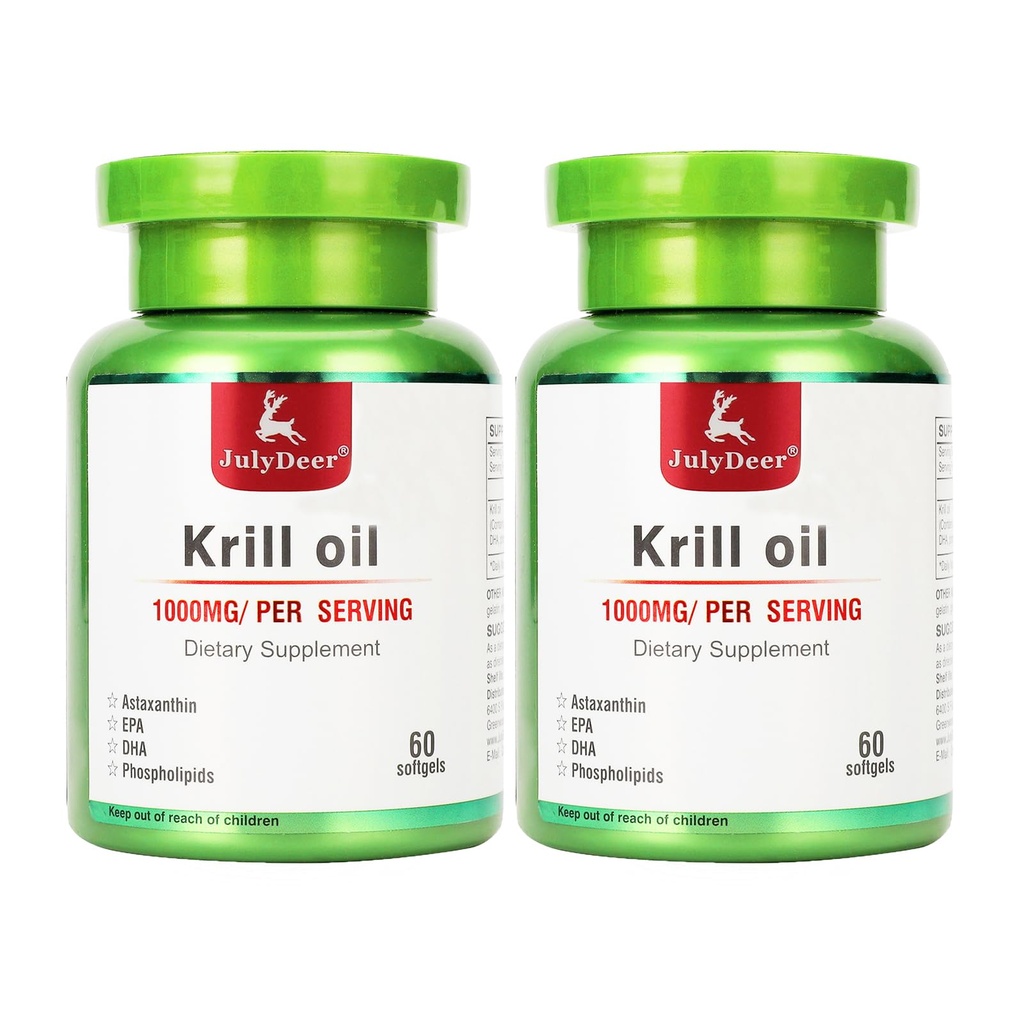 JulyDeer 2 Bottles Antarctic Krill Oil 1000 mg with Omega-3s EPA, DHA, Astaxanthin and Phospholipids 60 Softgels Supplement No Fishy Aftertaste for Joint, Heart, Brain and Immunity - 120 Softgels