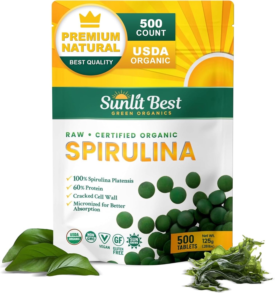 Sunlit Best Spirulina Tablets - Βιολογικά δισκία Spirulina USDA Premium 500 Count - Φυσικό Spirulinas Βιολογικό Έγκαυμα για την Ανοσολογική Υποστήριξη Ανάπτυξη των μυών, Ενέργεια Boost w / Χλωροφύλλη - Υψηλή Πρωτεΐνη, Μη ΓΤΟ