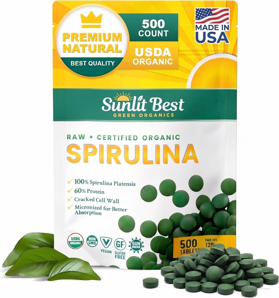 Sunlit Best Spirulina Tablets - Βιολογικά δισκία Spirulina USDA Premium 500 Count - Φυσικό Spirulinas Βιολογικό Έγκαυμα για την Ανοσολογική Υποστήριξη Ανάπτυξη των μυών, Ενέργεια Boost w / Χλωροφύλλη - Υψηλή Πρωτεΐνη, Μη ΓΤΟ