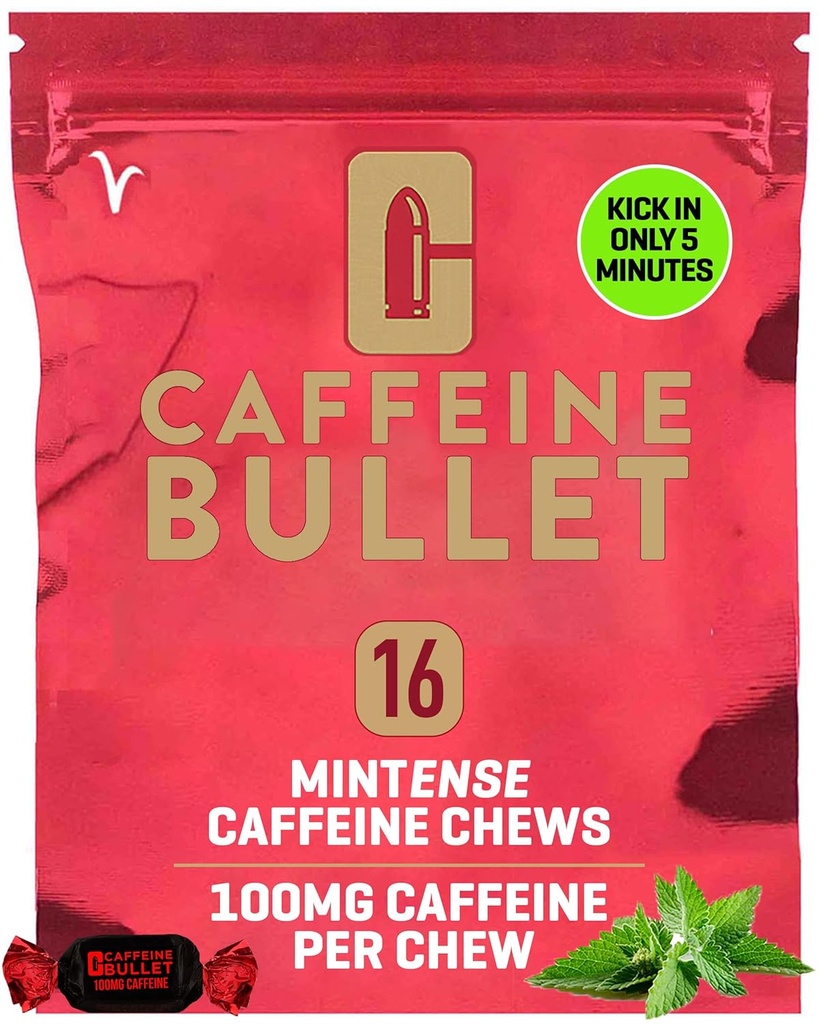 Caffeine Bullet Energy Gel Upgrade - Mint Chews *16 – Faster Boost Than Tablets and Gum. 100mg Per Serving - Sport Science for Running, Cycling, Gaming & Pre Workout Endurance Kick.