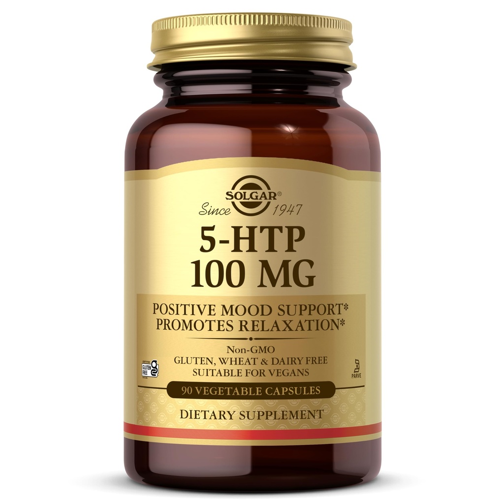 Solgar 5-HTP 100 mg, 90 Vegetable Capsules - Promotes Relaxation - Positive Mood & Stress Support - Non-GMO, Vegan, Gluten Free, Dairy Free, Kosher - 90 Servings