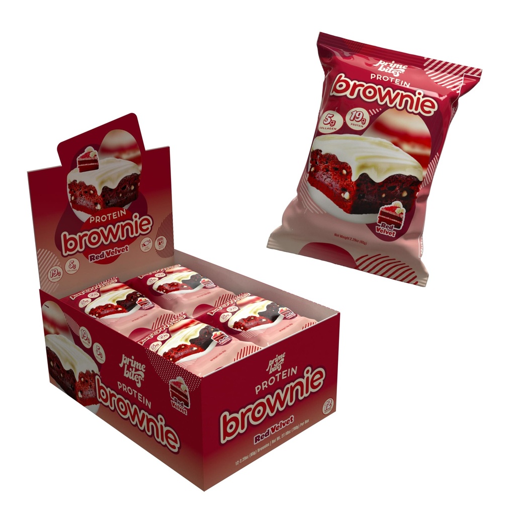 Prime Bites Protein Brownie from Alpha Prime Supplements | High Protein, Collagen Fortified Low Sugar Treat | Delicious Snack | 12 Bars per Box (Red Velvet)