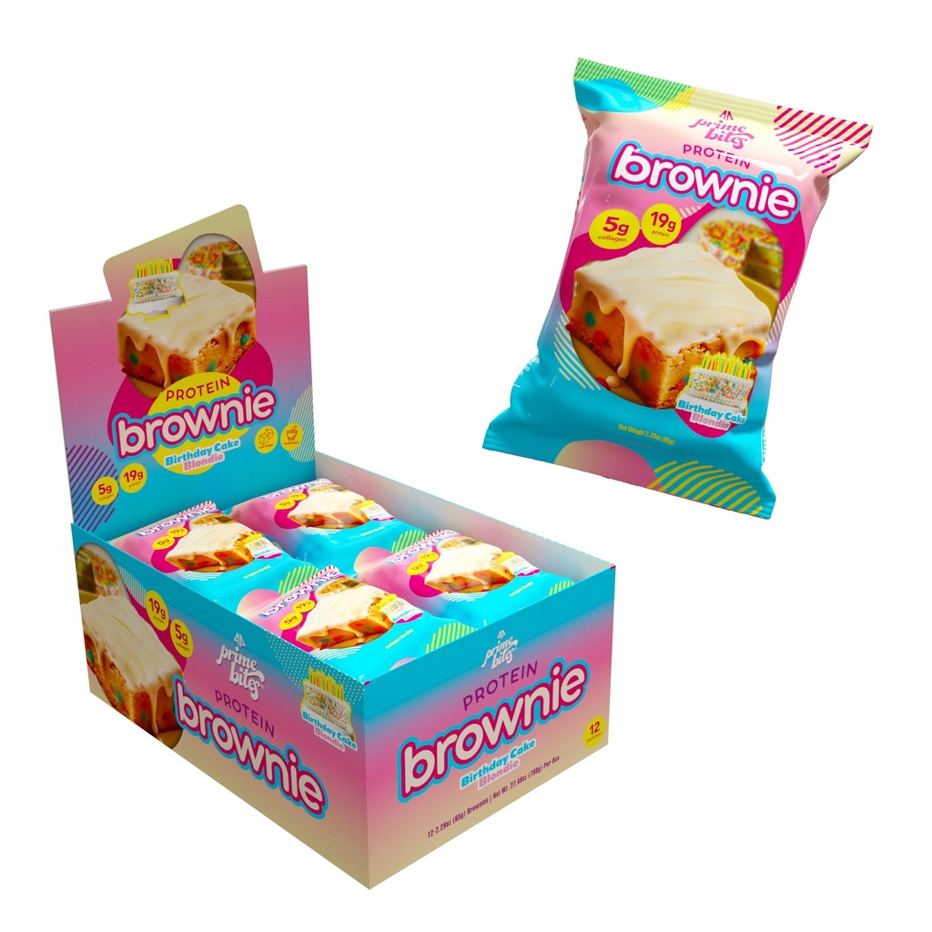 Prime Bites High Protein Brownie (12 Per Box, Birthday Cake Blondie) - 19g of Protein, 5g of Collagen, Gluten Free, Low Sugar Treat, Delicious Protein Snack
