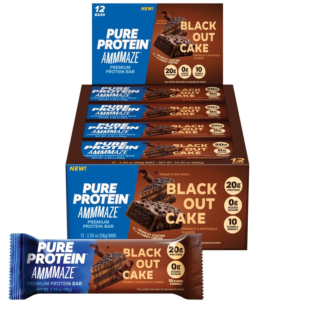 Pure Protein AMMMAZE Blackout Cake Protein Bars, 12 Count – 20g Protein, 3g Fiber, No Added Sugar – Chocolate Meal Replacement - On the Go Snacks