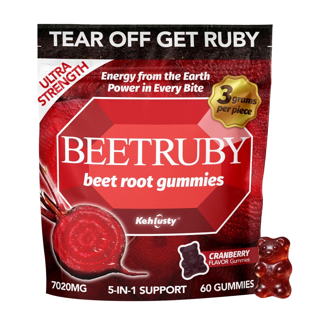 Beet Root Gummies, 5-in-1 Antioxidant Complex with Cranberry, Pomegranate & Blueberry, 7020mg Potency, Supports Energy & Circulation, 60 Gummies, Non-GMO
