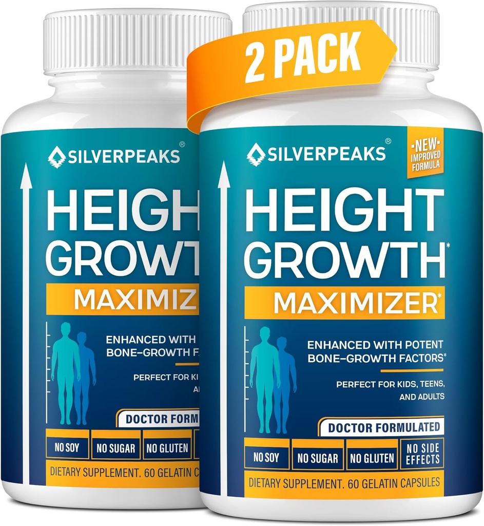 SILVERPEAKS Growth Capsules to Grow Taller - Height Growth Maximizer with Calcium for Bone Strength - Made in USA - Natural Get Taller Supplement to Increase Bone Growth - Pack of 2