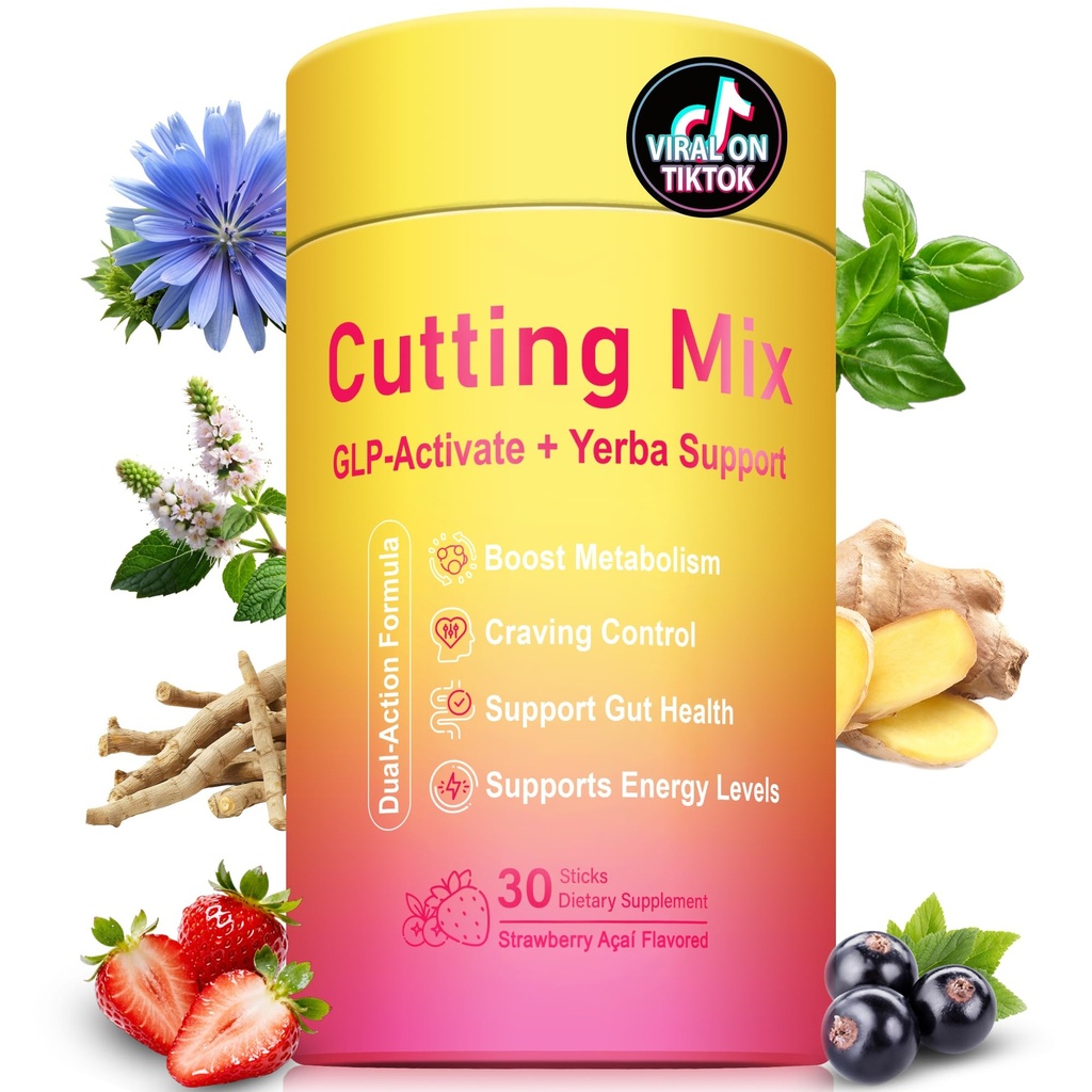 Cutting Drink Mix – Berberine, Chromium, 5-HTP, Yerba Mate, FOS & Magnesium | Supports Satiety Signaling, Energy & Gut Health | Strawberry Açaí Flavor – 30 Sticks