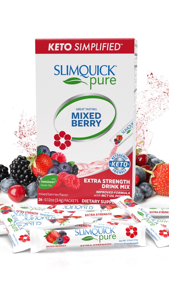 Slimquick Pure 3x Extra Strength Mixed Berry Drink Mix for Women to Help Achieve Weight Goals, Helps Metabolism, Keeps Full for Longer with Green Tea, Caffeine, Chaste Tree, Rhodiola Extract, 26 Count