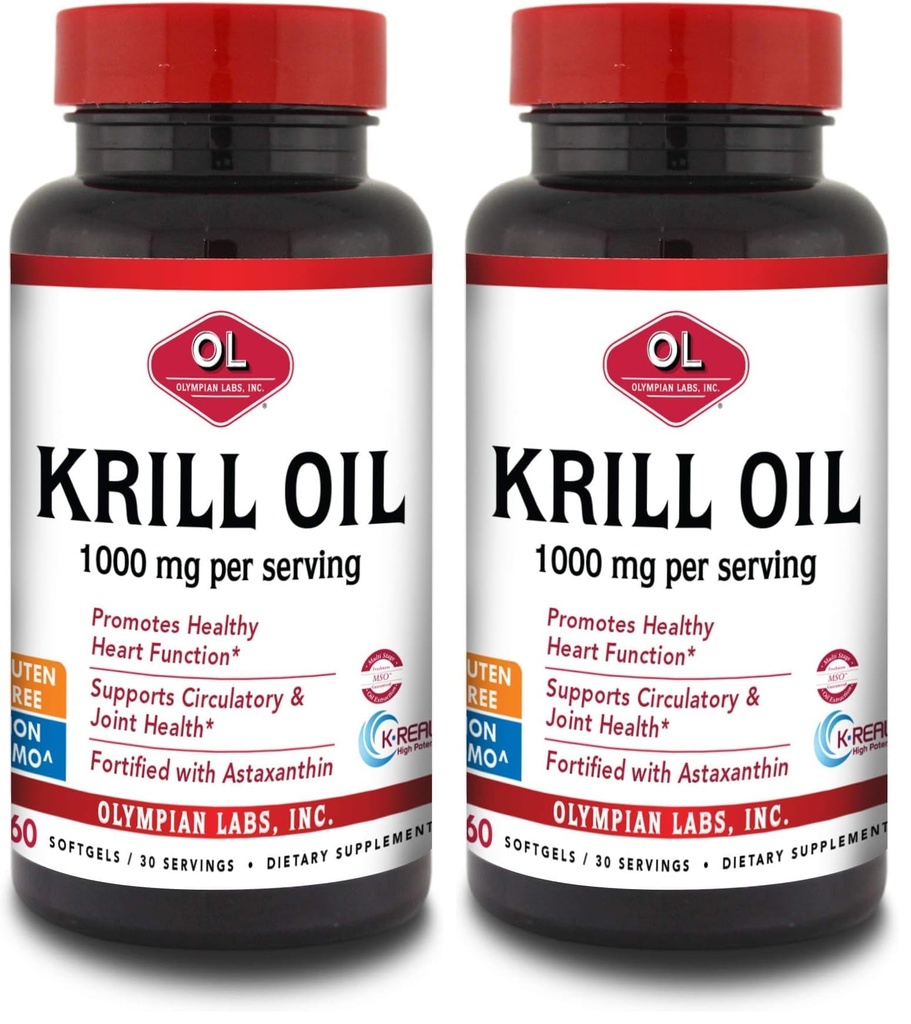 Olympian Labs Antarctic Krill Oil, 1000mg Caps with Astaxanthin, Omega-3, EPA, DHA, Immune, Joint & Brain Support, 60 Softgels (Pack of 2)