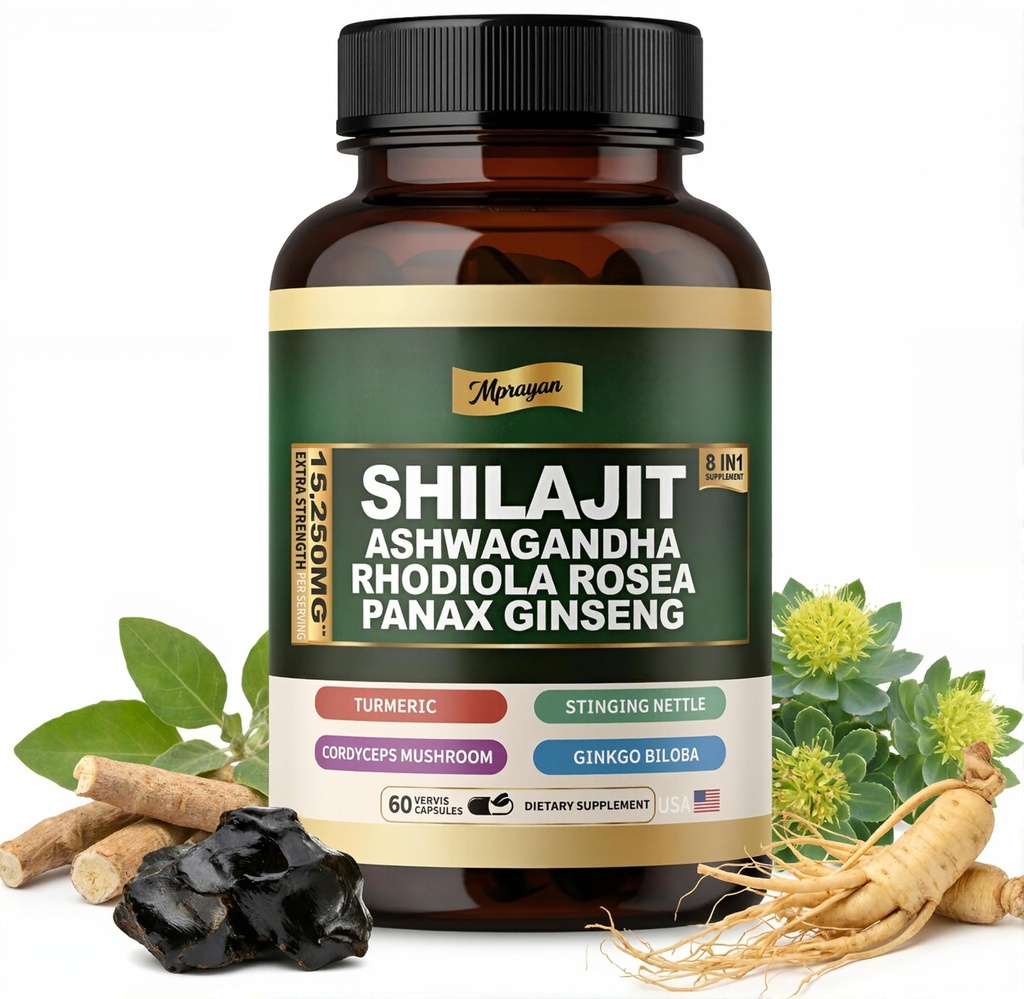 Shilajit Ashwagandha Capsules – 8 in 1 Adaptogen Complex for Energy, Focus & Stress Support with Rhodiola Rosea, Panax Ginseng, Cordyceps – Natural Herbal Supplement | 60 Vegan Capsules