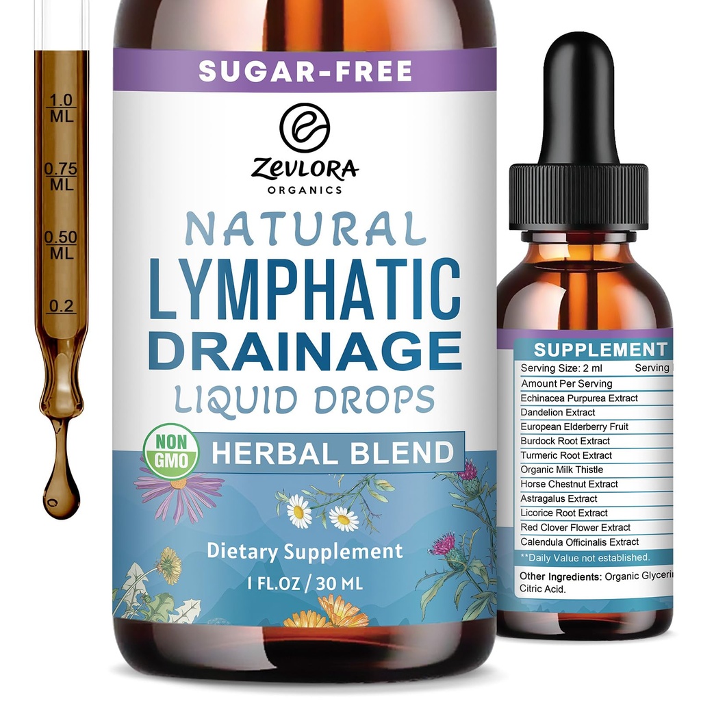 Lymphatic Drainage Support Drops – Advanced 11-in-1 Herbal Extract Formula with Echinacea, Dandelion, Elderberry & Milk Thistle – Multi-Herb Liquid for Fluid Balance & Healthy Circulation – 1 Fl Oz