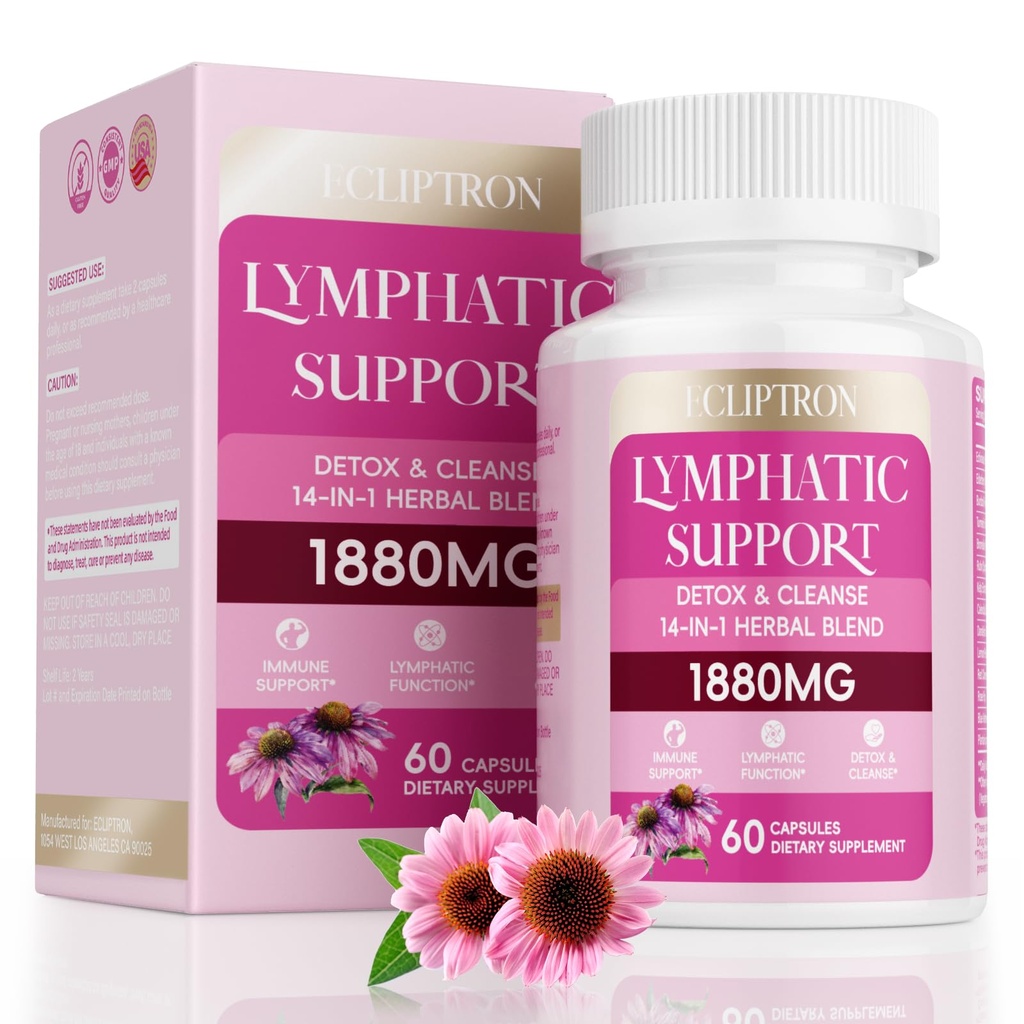 Lymphatic Drainage Supplement 1880 mg, Lymph Detox Cleanse & Immune Support, Liposome Lymphatic System Support Supplement with Echinacea, Dandelion, Turmeric, Burdock, and Calendula, 60 Capsules