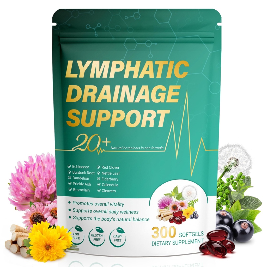 Lymphatic Drainage Supplement 300 Softgels 21-in-1 Herbal Blend with Echinacea, Dandelion, Burdock Root Lymph System Support Fluid Balance & Immune System for Women & Men