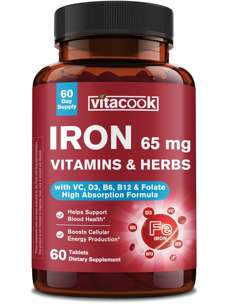 Iron Supplement 65mg, with Vitamin C, D3, B6, B12 & Folate, Spinach, Broccoli, Beet Root, Pumpkin Seeds, Dandelion & Carrots, Blood Building & Energy Support, 60 Tablets