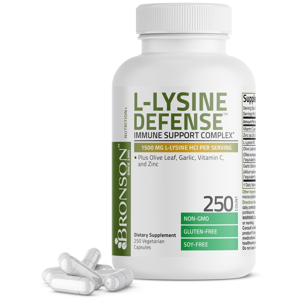 Bronson L-Lysine Defense Immune Support Complex 1500 MG L-Lysine Plus Olive Leaf, Σκόρδο, Βιταμίνη C και Ψευδάργυρος - Μη-ΓΤΟ, 250 κάψουλες χορτοφάγων
