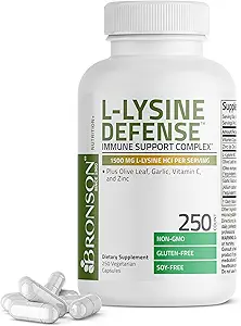 Bronson L-Lysine Defense Immune Support Complex 1500 MG L-Lysine Plus Olive Leaf, Σκόρδο, Βιταμίνη C και Ψευδάργυρος - Μη-ΓΤΟ, 250 κάψουλες χορτοφάγων
