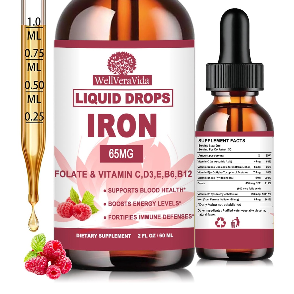 Iron Supplement for Women丨Gentle Iron with Vitamin C & B Complex for Energy Support & Blood Health | Fast Acting Liquid Iron Drops for Iron Deficiency丨Non-GMO, Sugar-Free, Yummy Raspberry Formula