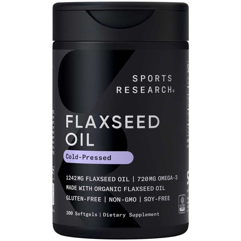 Sports Research flaxseed Oil Softgels 1242mg - Φυτικό Ωμέγα 3 συμπλήρωμα για γυναίκες και άνδρες - Μη ΓΤΟ Επαληθευμένο, χωρίς σόγια και γλουτένη (200 Count)
