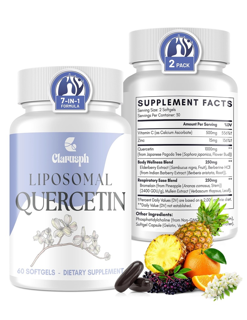 Quercetin with Bromelain | Liposomal Quercetin Supplements with High Absorption for Respiratory & Immunity* | Quercitin 1000mg with Vitamin C & Zinc, 120 Softgels (60 Day Supply)