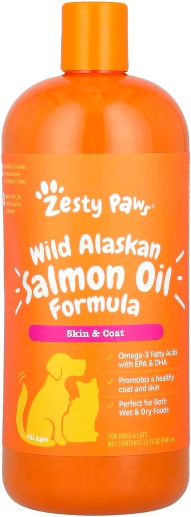 Zesty Paws έλαιο σολομού άγριας Αλάσκας για σκύλους & γάτες - Omega 3 Skin & Coat Support - Natural EPA & DHA, λιπαρά οξέα για κοινή λειτουργία, ανοσοποιητική & καρδιακή υγεία υγρό συμπλήρωμα διατροφής, 32 oz
