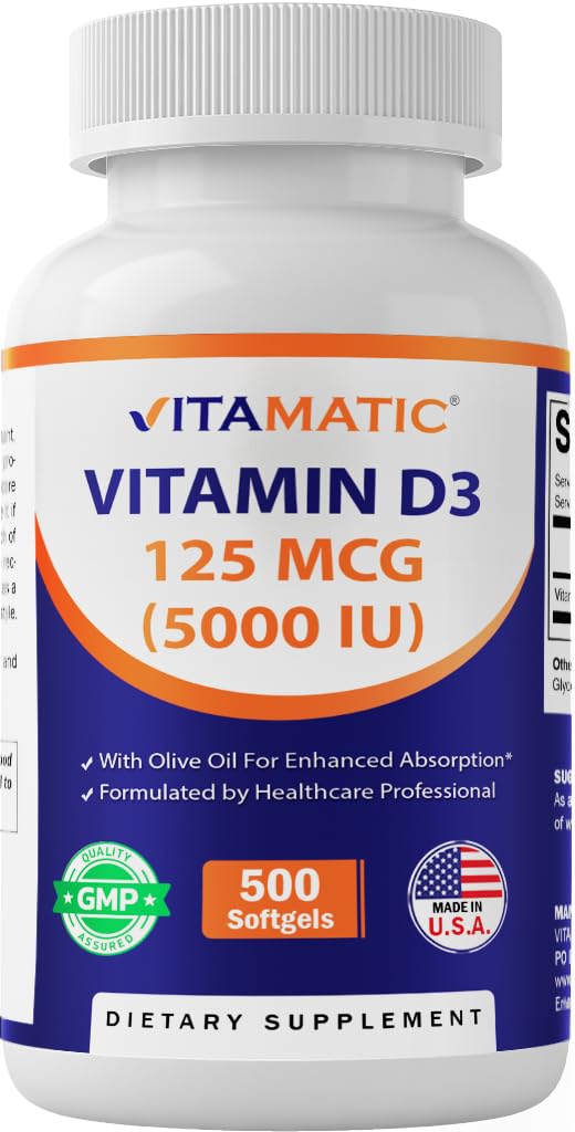 Vitamatic Vitamin D3 5000 IU (125 mcg) – 500 Mini Softgels Ελαιόλαδο με βάση τη Φόρμουλα – Ψυχρής Πίεσης – 500-Day Supply – Υποστήριξη για την υγεία των οστών, των μυών και του ανοσοποιητικού – Μη-GMO & Gluten-free