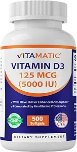 Vitamatic Vitamin D3 5000 IU (125 mcg) – 500 Mini Softgels Olive Oil-Based Formula – Cold-Pressed – 500-Day Supply – Supports Bone, Muscle & Immune Health – Non-GMO & Gluten-Free