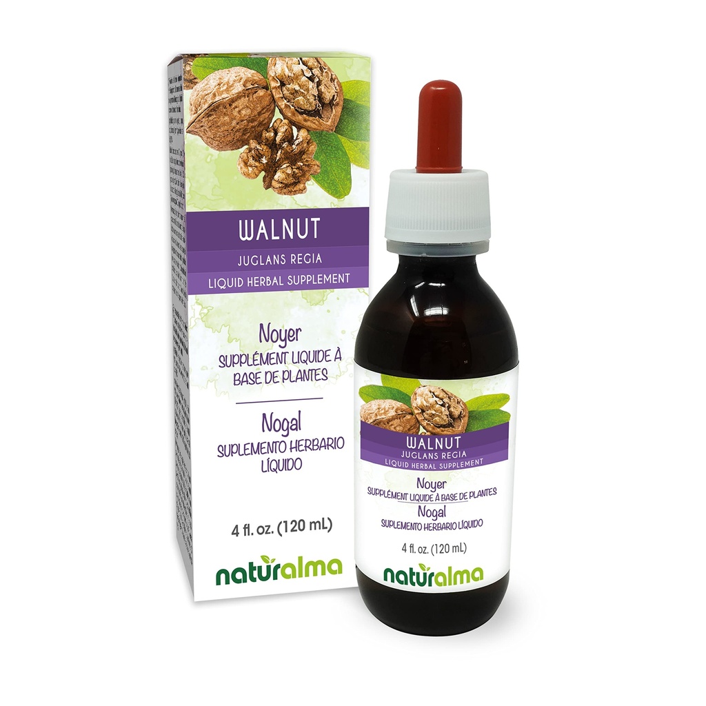 Naturalma Walnut (Juglans regia) Hull of The Fruit or Pericarp (Walnut Husk) and Leaf Alcohol-Free Tincture - 4 fl oz Liquid Extract in Drops - Herbal Supplement - Vegan