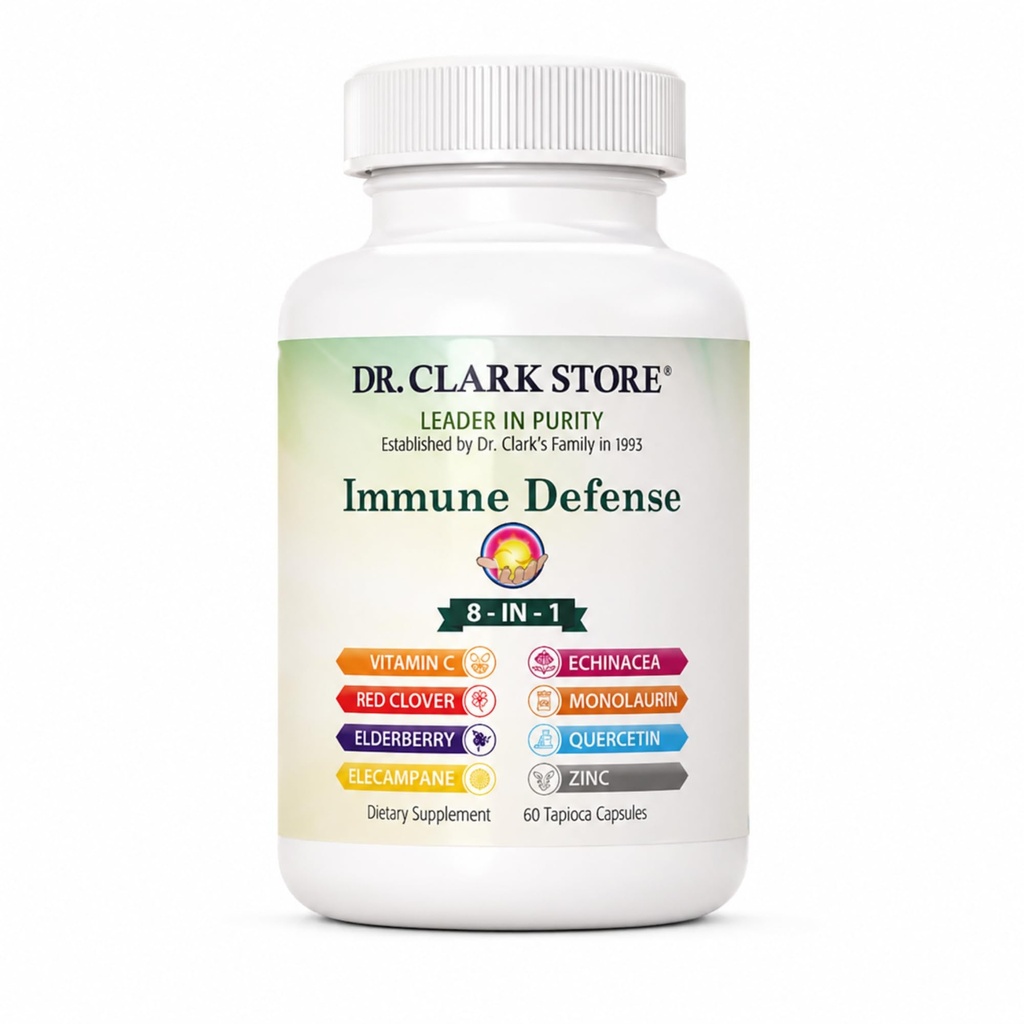 Dr Clark Store Immune Defense Capsules, 60 Capsules, Immune Support Supplement with Monolaurin, Quercetin, Elderberry, Vitamin C & Zinc, Echinacea, Elecampane, Red Clover, Adult Daily Wellness