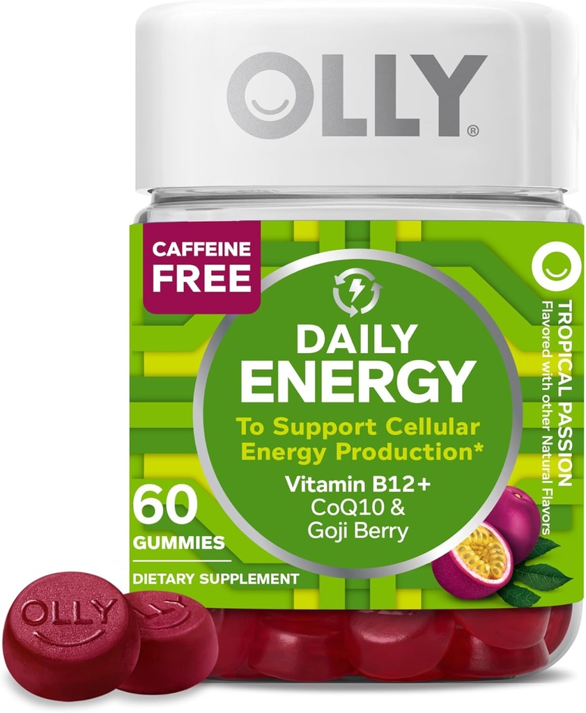 OLLY καθημερινή ενέργεια Gummy, χωρίς καφεΐνη, βιταμίνη B12, CoQ10, Goji Berry, συμπλήρωμα μάσημα ενηλίκων, Τροπική γεύση - 60 κόμης