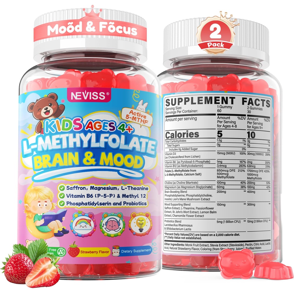 Kids L-Methylfolate Gummies, Kids Fṏcus Gummies, Active 5-MTHF + Magnesium, Saffron, Lion's Mane Mushroom, Phosphatidylserine, Choline, Methyl B12, B6 for Mṏod, Brain, Bēhavior, No Sugar, 2 Pack