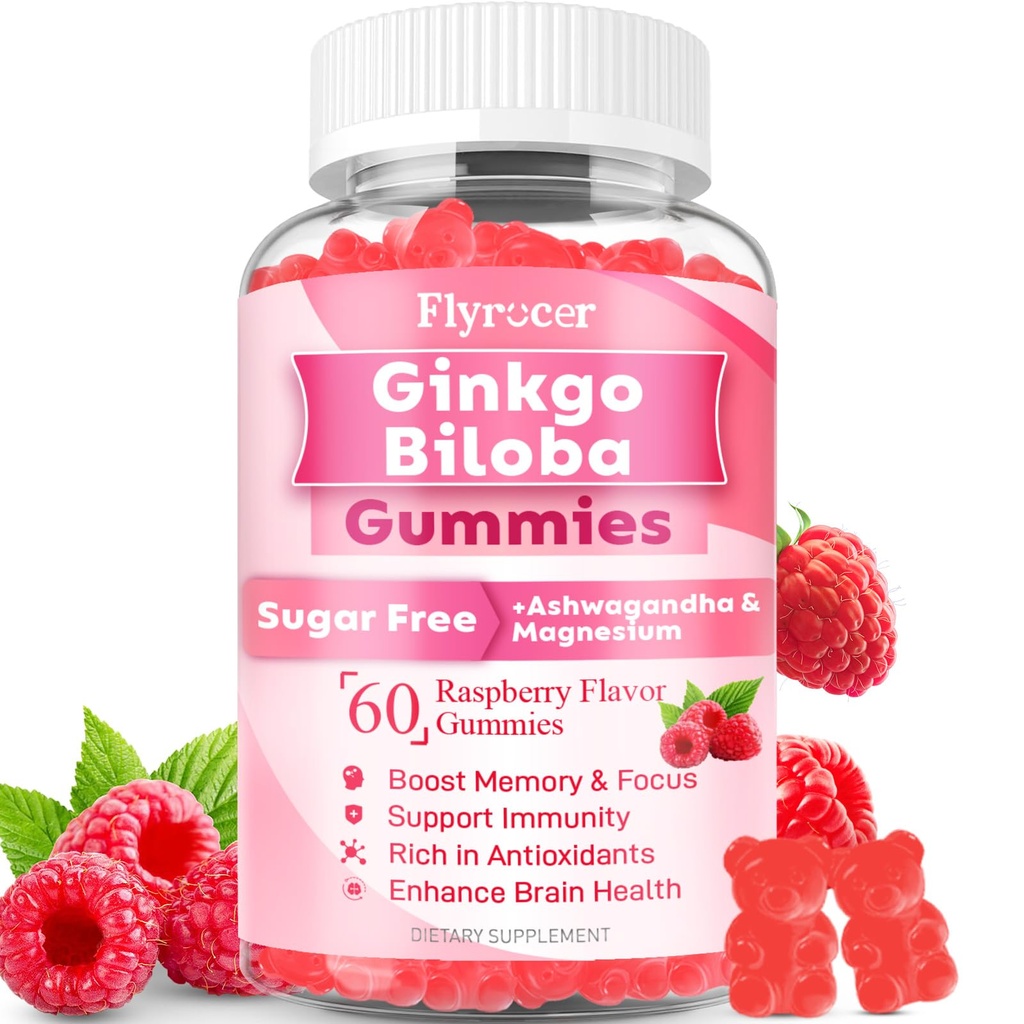 Ginkgo Biloba Gummies for Adults & Kids, Ginkgo Biloba Supplements for Focus, Memory, and Brain Health, Vegan, Sugar-Free, Raspberry Flavor, 60 Count