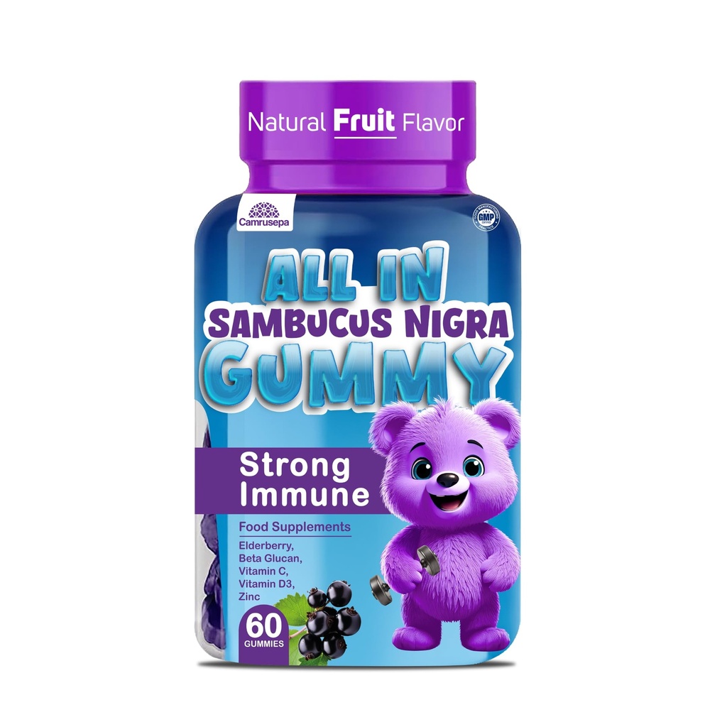 All in Sambucus Nigra Gummy for Kids - Natural Fruit Flavor, Elderberry, Vitamin C, Beta Glucan, Zinc & Vitamin D3, Strong Immune System Support, Energy & Wellness - 60 Chewable Gummies