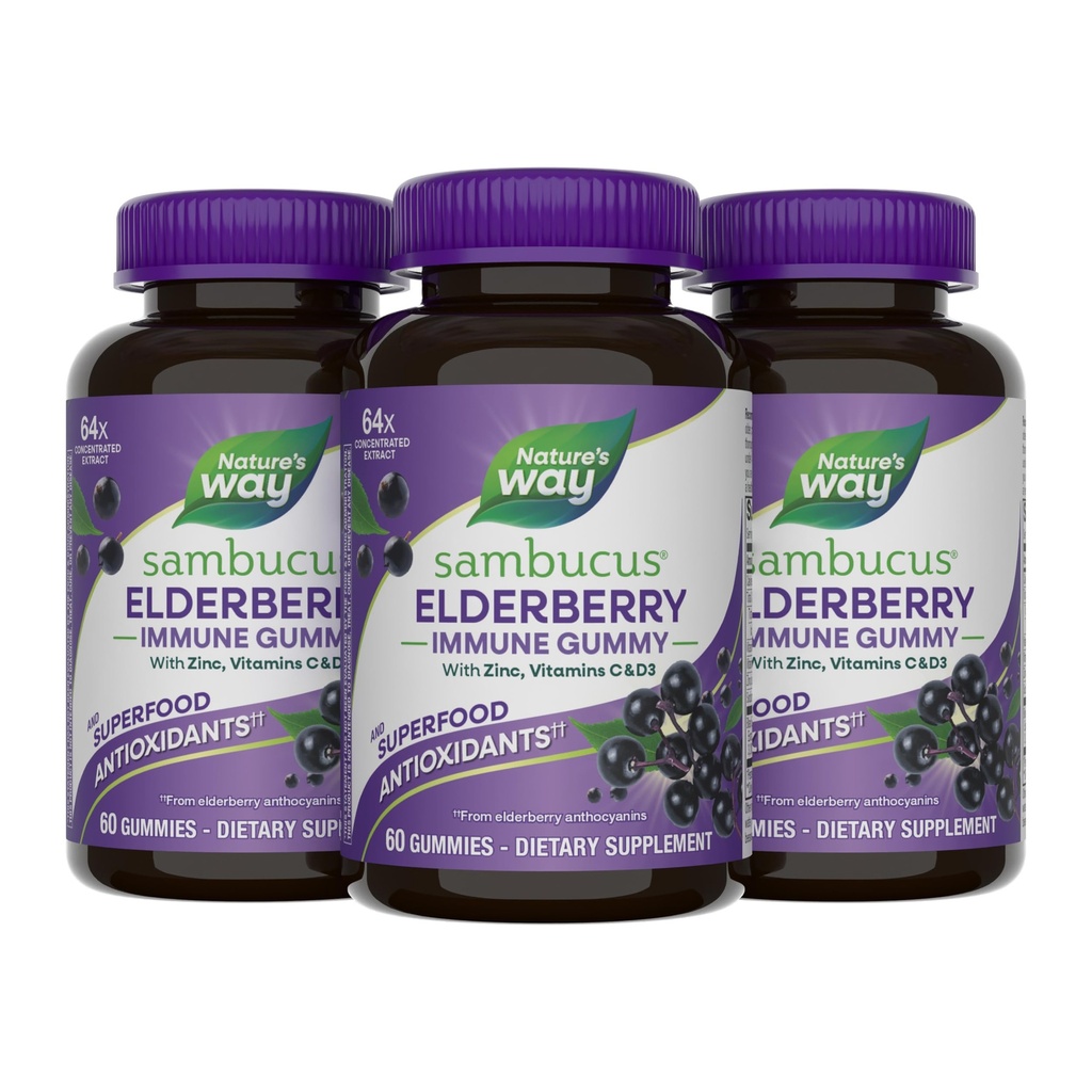 Nature's Way Sambucus Elderberry Gummies, Immune Support Gummy for Adults & Kids Ages 4+ with Black Elderberry Extract, Vitamin C, Vitamin D3, and Zinc*, 60 Gummies (Set of 3)
