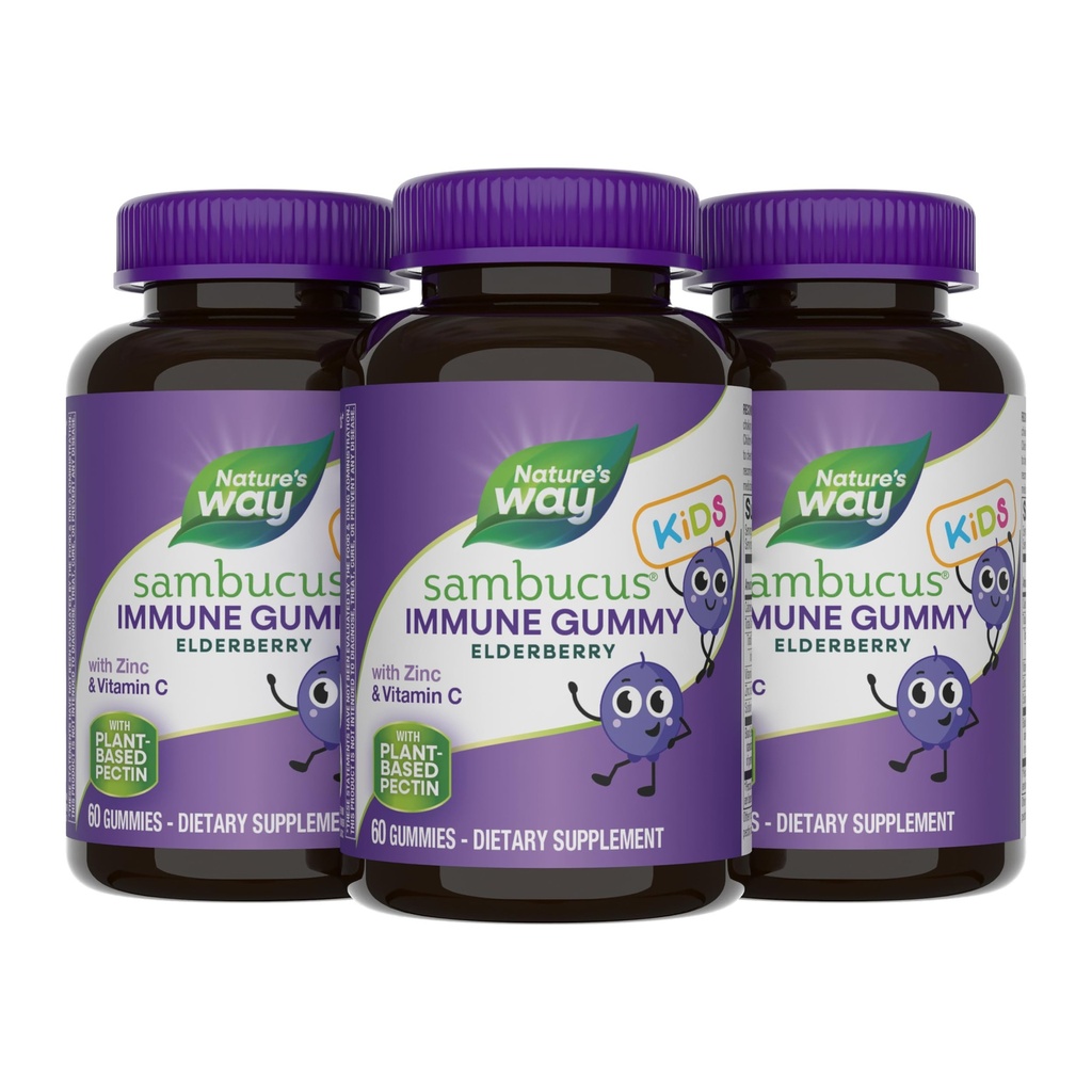 Nature's Way Sambucus Kids Elderberry Immune Gummies with Black Elderberry Extract, Daily Immune Support Gummy with Vitamin C and Zinc for Children Ages 2+*, 60 Gummies (Set of 3)