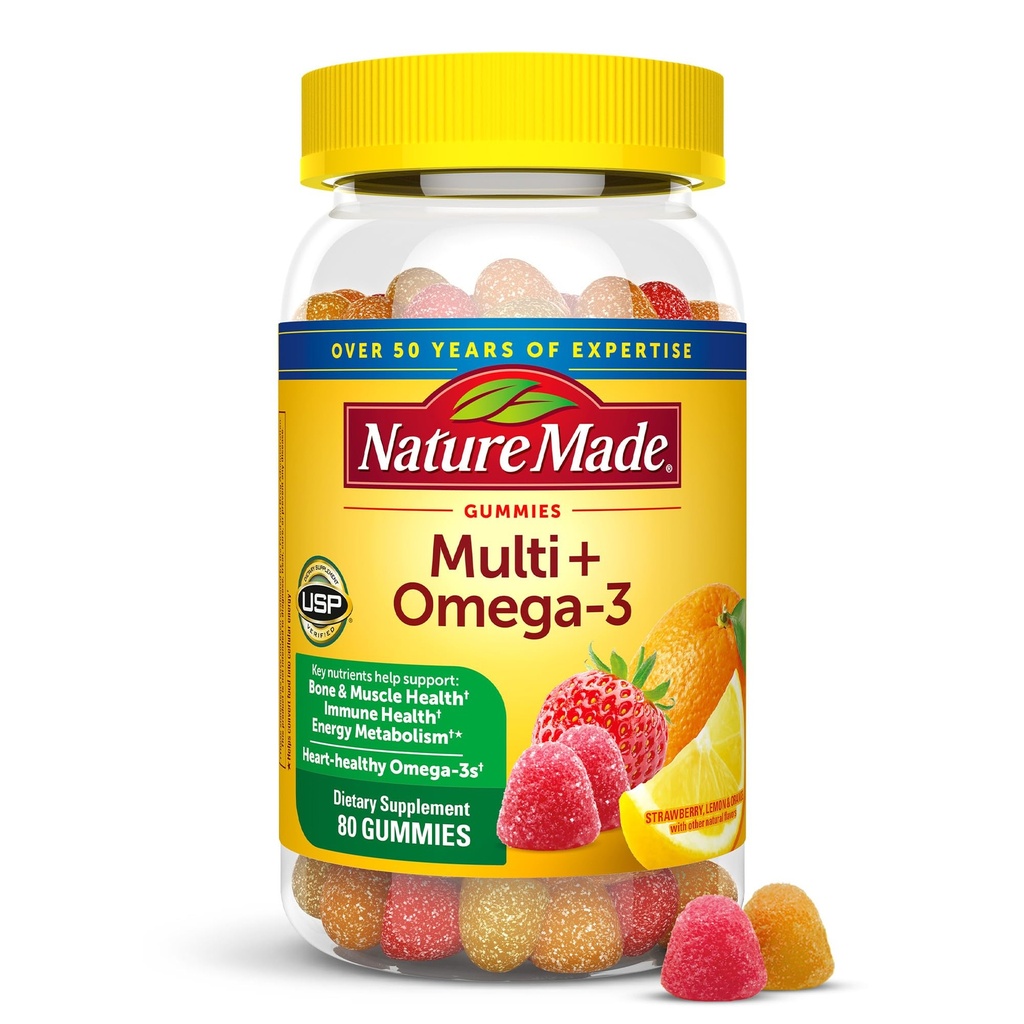 Nature Made Multivitamin + Omega-3, Multivitamin Gummies for Women and Men, Daily Nutritional Support, 80 Adult Gummy Vitamins & Minerals, 40 Day Supply