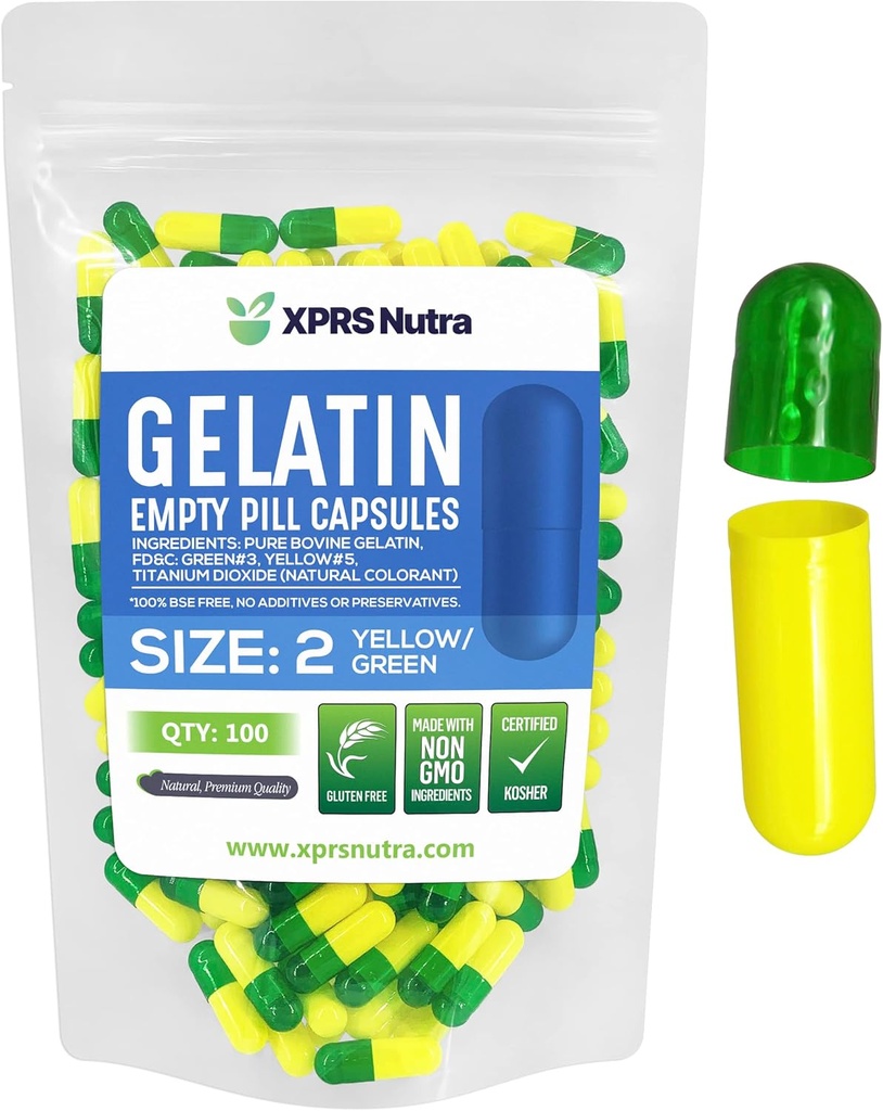 XPRS Nutra Size 2 Empty Capses - 100 Count Empty Gelatin Κάψουλες - Χάπια DIY Καψάκιο Γέμισμα - Pure Bovine Pill Gel Caps for Do-It-Yourself Συμπληρώματα (Πράσινη/Κίτρινη)