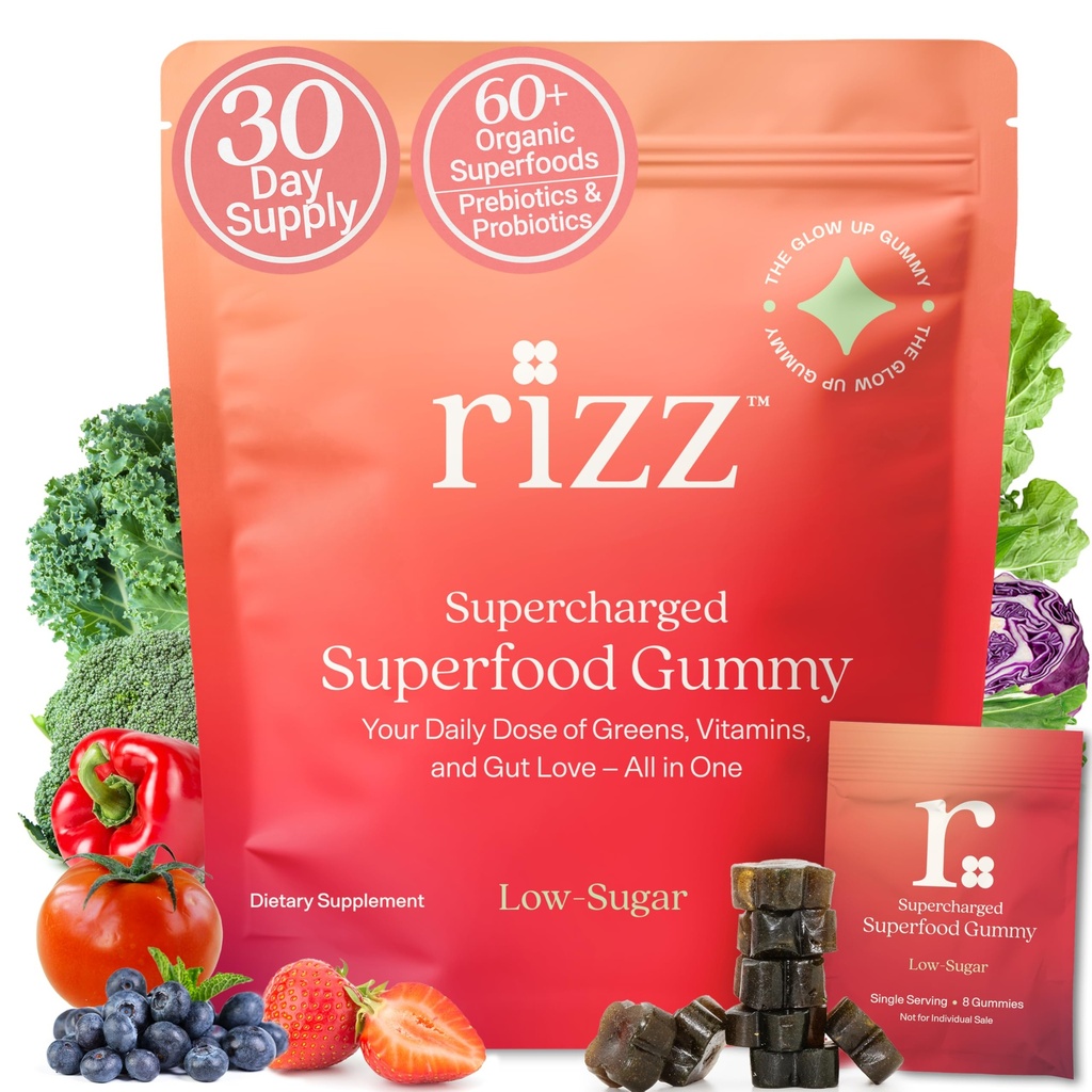 RIZZ Low Sugar Green Gummies - 60+ Superfoods 6g Fiber - 30 Day Supply Prebiotic and Probiotic Gummies - Vegan Multivitamins for Women & Men - Gluten Free - Mushroom, Fruit and Vegetable Supplements