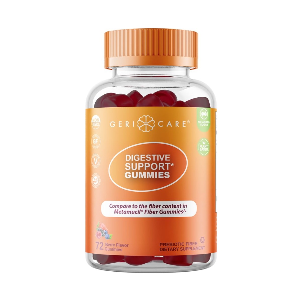 GeriCare Prebiotic Digestive Support, Gummies Compare to Metamucil Fiber Gummies, Berry Flavor, 72 Count, Plant-Based Fiber for Gut Health, Non-GMO, Gluten-Free, Vegan, Fiber Supplement