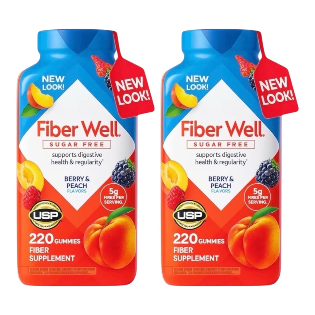 Vita Fiber Well Sugar Free Fiber Gummies – Berry & Peach Flavors (220 Count) | Daily Prebiotic Fiber Supplement for Digestive Health, Gut Support & Regularity | Adult Fiber Gummy Vitamins.