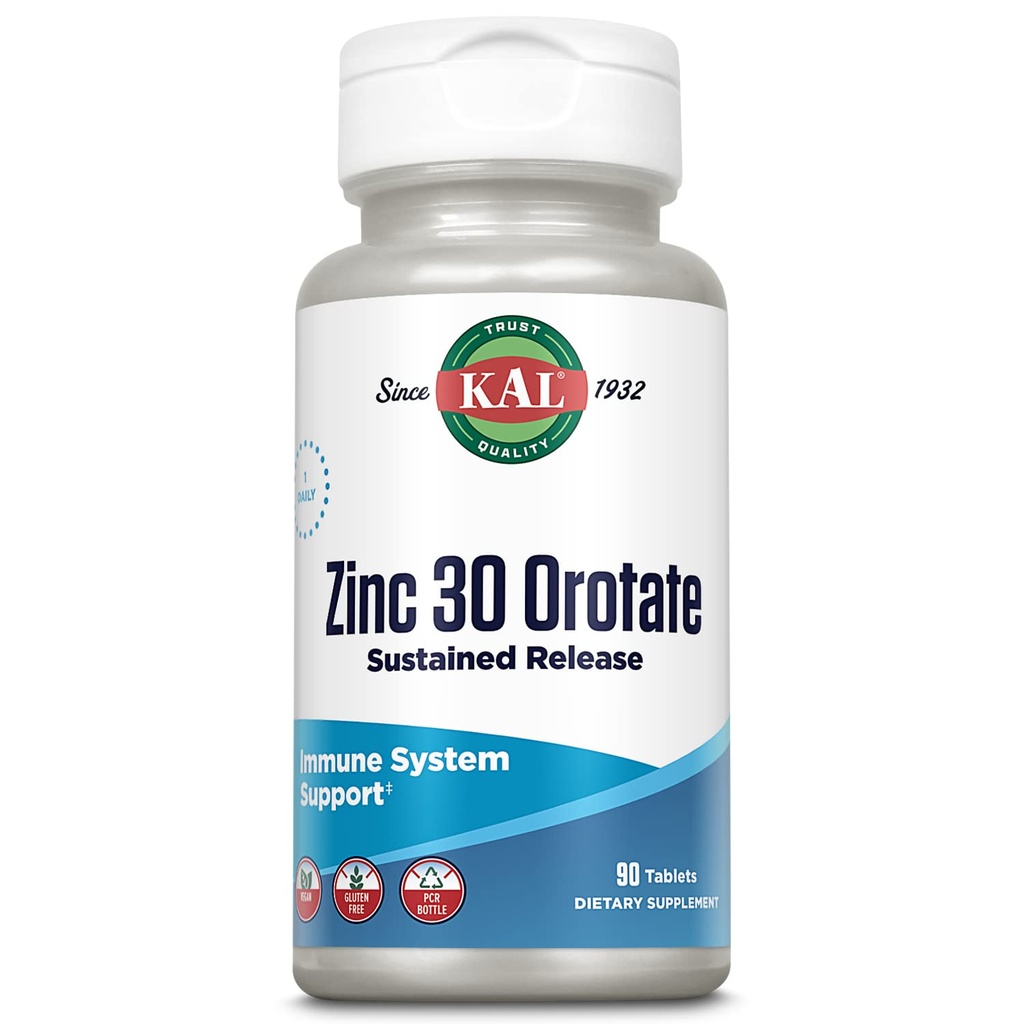 KAL Zinc Orotate 30mg, Sustained Release, Chelated Zinc Tablets, Immune Support Supplement, Protein Synthesis, Metabolism, Energy Support, Vegan, Gluten Free, 60-Day Guarantee, 90 Servings, 90 Tablets