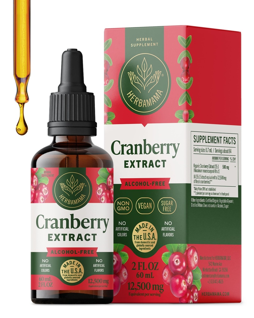 HERBAMAMA Cranberry Supplement Drops - Vegan Urinary Tract Support for Men and Women with Cranberry Extract - Non-GMO, Alcohol & Sugar-Free Kidney Support Supplement, 42-Day Supply
